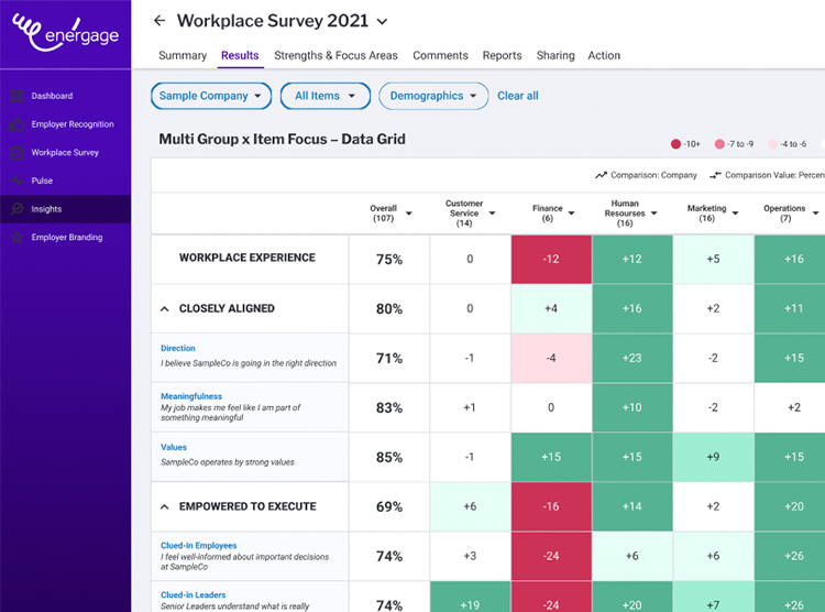 Energage Insights screen showing survey results data grid